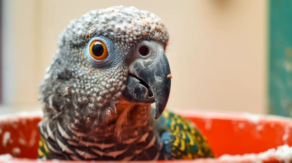 Loro You You jugando en recipiente